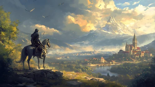 Digital painting of mounted ranger above valley citadel vista.