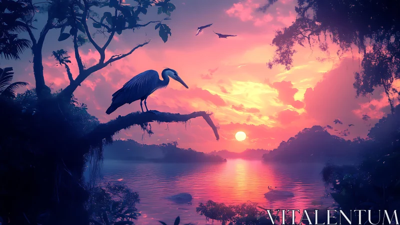 Heron on river branch at vivid tropical sunset horizon.
