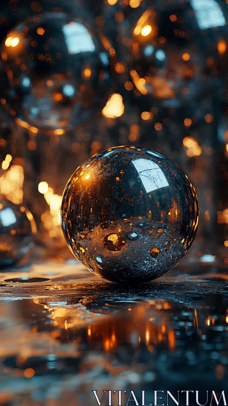 Glowing reflective sphere on wet surface in bokeh light.