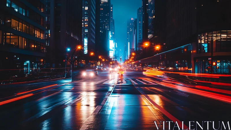 Neon city avenue glows with electric night traffic trails.