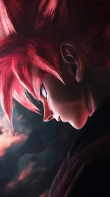 Profile view of stylized pink-haired character in clouds.