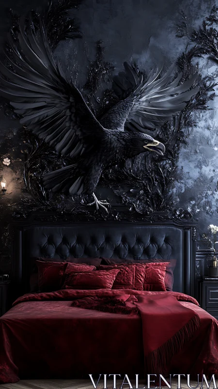 Dark avian wall sculpture dominates luxurious crimson bedroom.