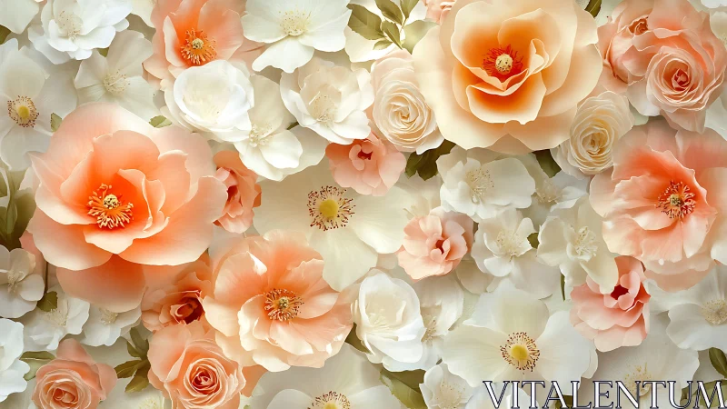 Coral and Cream Floral Arrangement: Layered Botanical Composition with Roses.