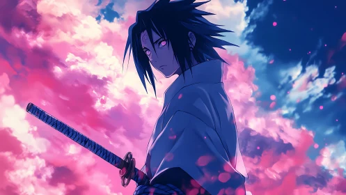 Lone anime swordsman framed by glowing pink twilight sky.