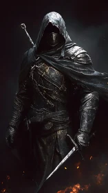 Dark fantasy rogue in scorched armor, high-contrast rendering.