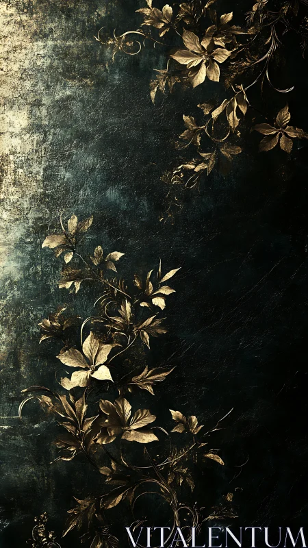 Gilded botanical scrollwork on deep textured patina background.