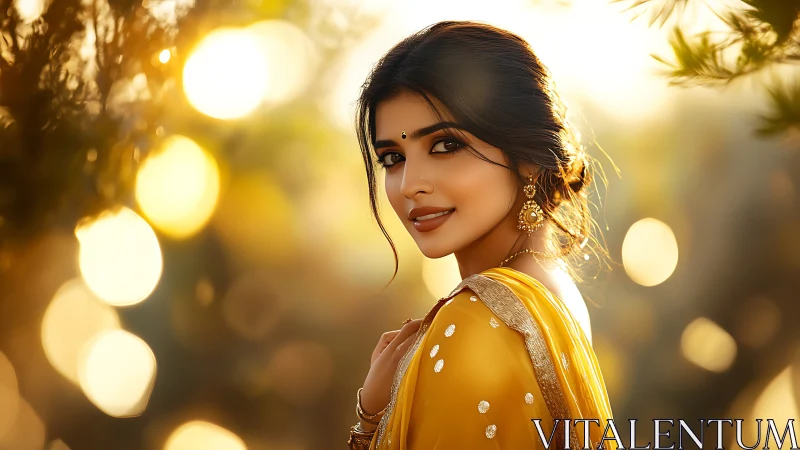 Sunlit portrait of woman in yellow saree with golden bokeh glow