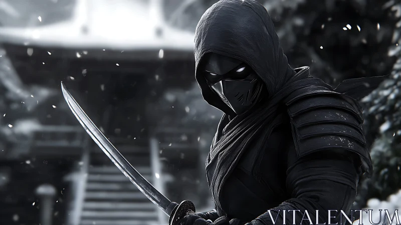 Hooded masked swordsman in snowy environment holding katana.