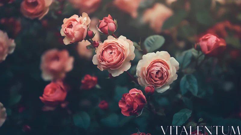 Blush-Hued Roses Clustered Among Foliage in Soft-Focus Garden Setting.