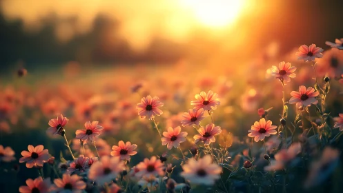 Golden Hour Daisy Field With Shallow Depth Of Field Bokeh.