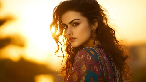 Photorealistic sunset portrait with warm backlit profile framing.