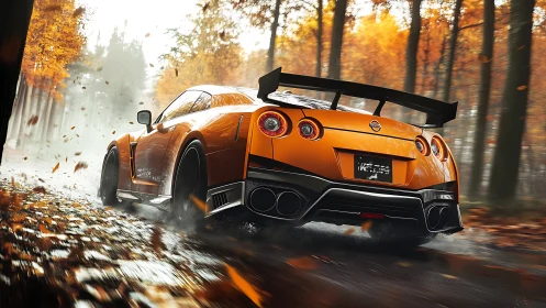 Orange sports car powers through dynamic autumn forest road.