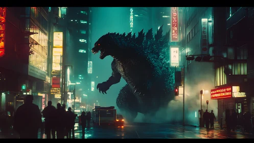 Giant reptilian kaiju invades neon city street at night.