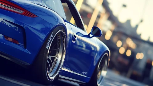 Blue sports coupe glows under urban golden hour lights.
