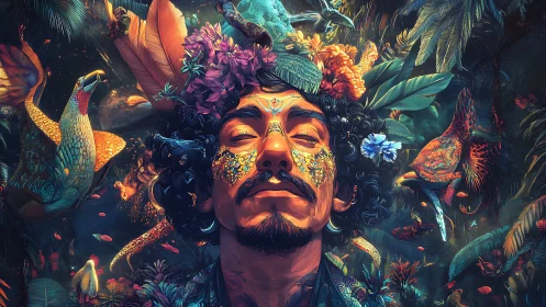 Male portrait merges with neon jungle fauna in surreal reverie