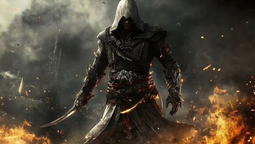 Hooded armored rogue walks through fire in dark ruins.
