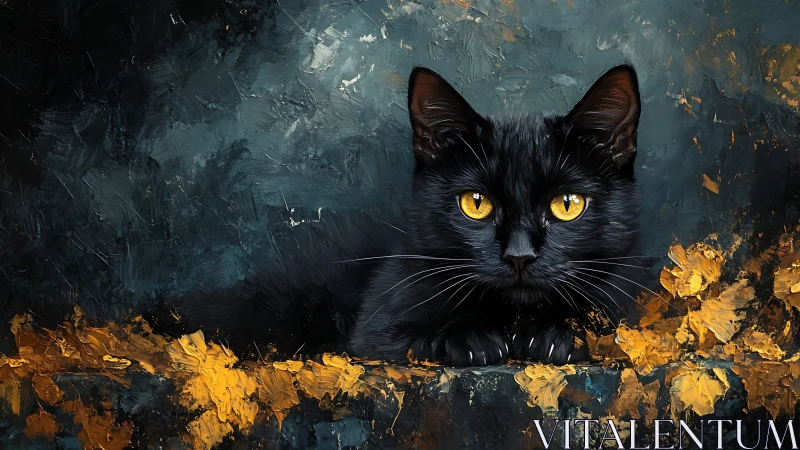 Black Cat with Golden Eyes Against Textured Teal and Gold Background