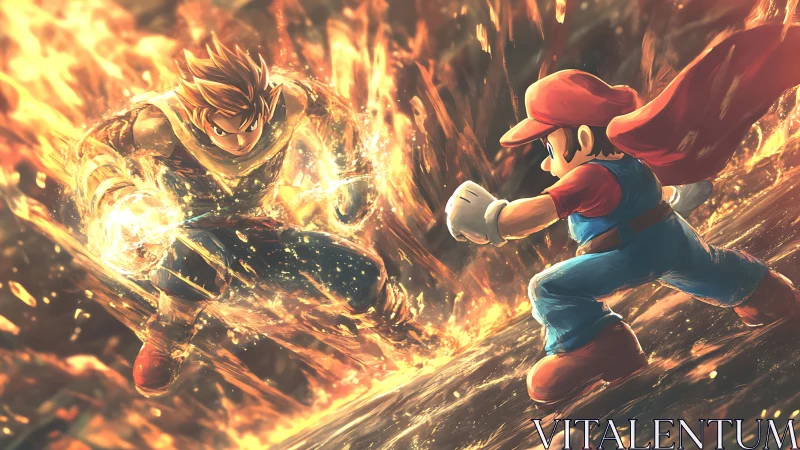 Fiery anime brawler and caped hero clash in molten arena