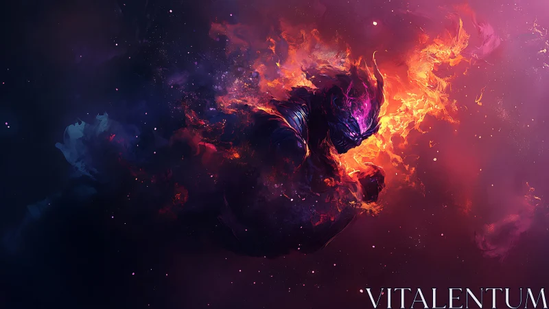 Fiery cosmic warrior figure in swirling nebula colors.