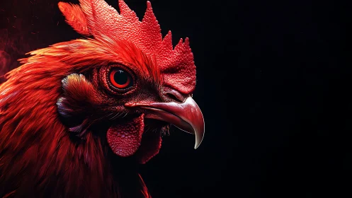 Red Rooster Head Portrait Against Black Background.