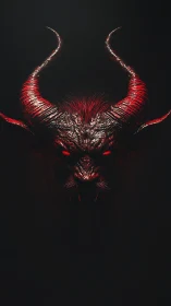 Glowing horned demon face emerging from deep shadow.