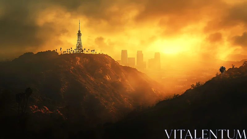 Television tower and hazy city skyline under intense sunset