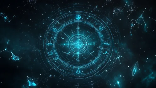 Radial celestial interface diagram over starfield background.