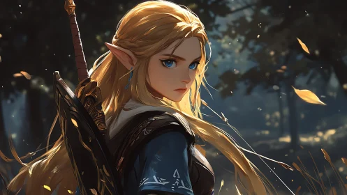 Elf warrior with sword in autumn forest environment.