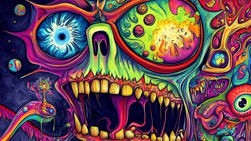 Psychedelic skull erupts in neon chaos and surreal cosmic visions