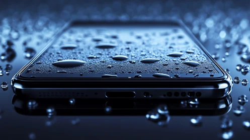 Water‑resistant smartphone with macro droplets on glass surface