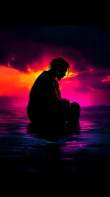 Silhouetted figure kneels in neon dusk over reflective water