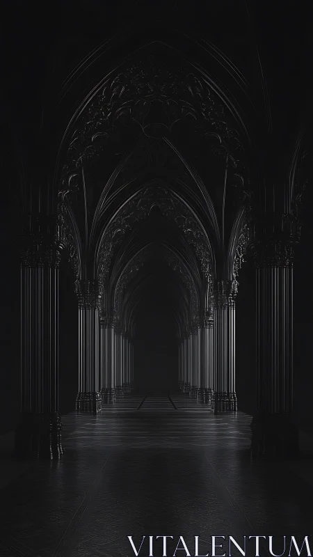 Gothic vaulted corridor rendered in monochrome digital chiaroscuro