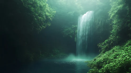Vertical waterfall descends into a shaded forest pool