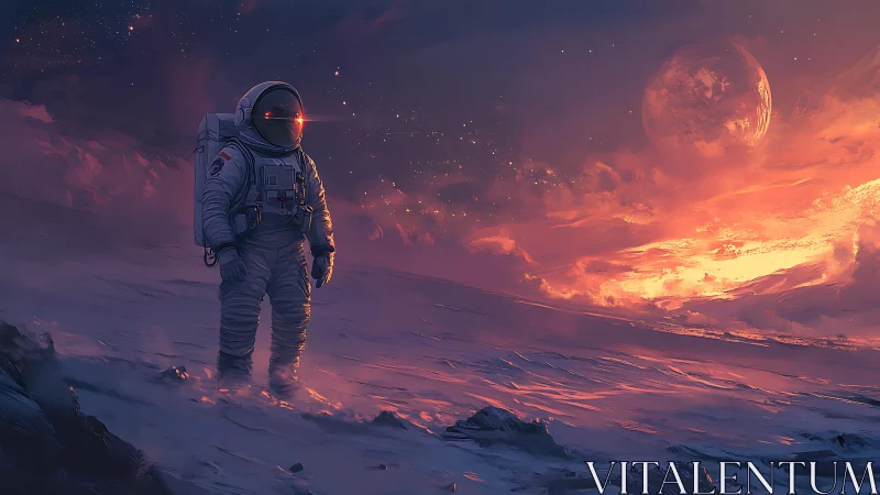 Solitary astronaut on luminous alien ice plain at dusk.