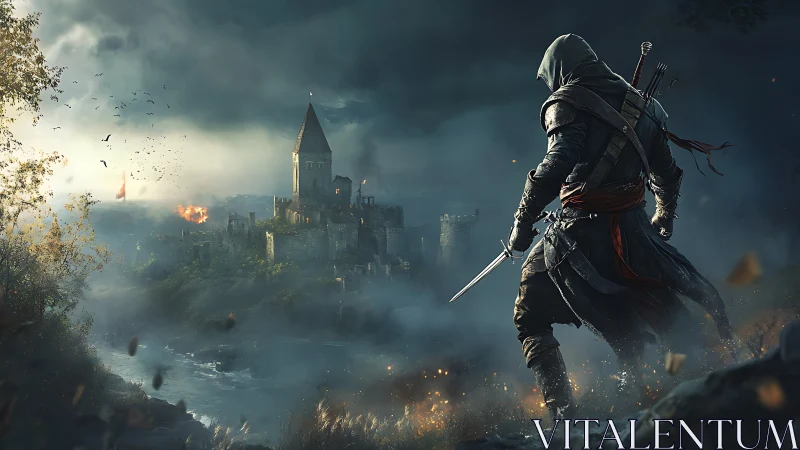 Hooded warrior approaches stormy medieval fortress in ruins.