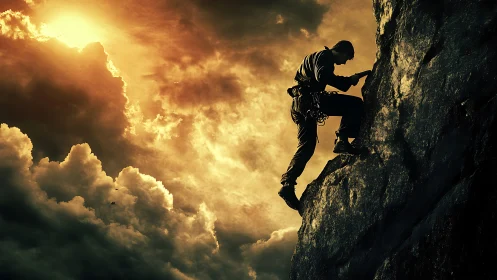 Silhouette rock climber ascending cliff at fiery sunset.