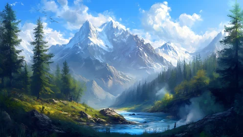 Snowy mountain range above river and forest valley.