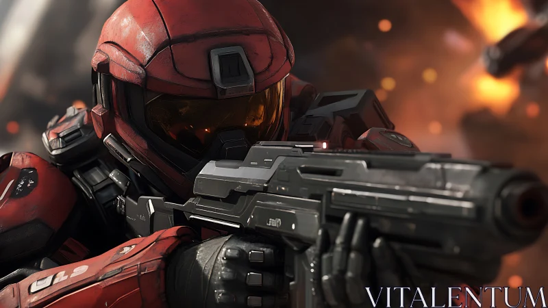 Armored space trooper holding steady in blazing battle.