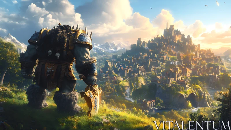 Armored orc warlord surveys sunlit mountain citadel below.