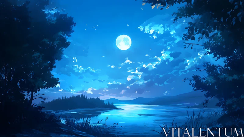 Moonlit lake hush under electric sapphire clouds.