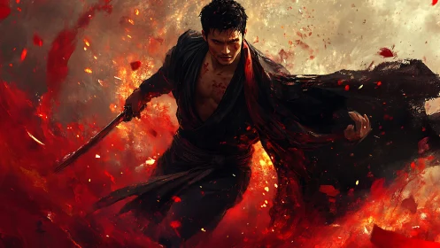 Battle-worn swordsman strides through swirling red embers.