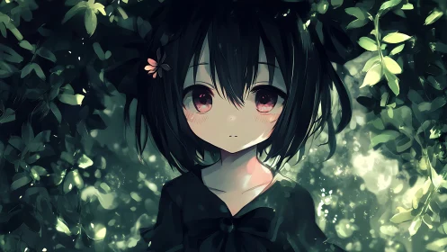Soft-eyed girl rests quietly in a gentle forest glow