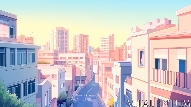 Sunlit pastel urban street rendered in clean digital gradients