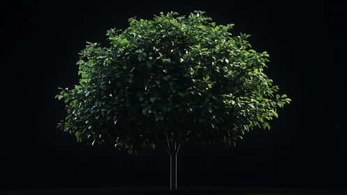 Lush green tree stands in dramatic studio spotlighted darkness.
