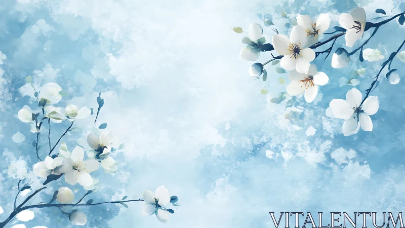 White Blossoms on Blue Textured Background