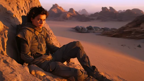 Cinematic desert portrait isolates armored figure in raking sunset light