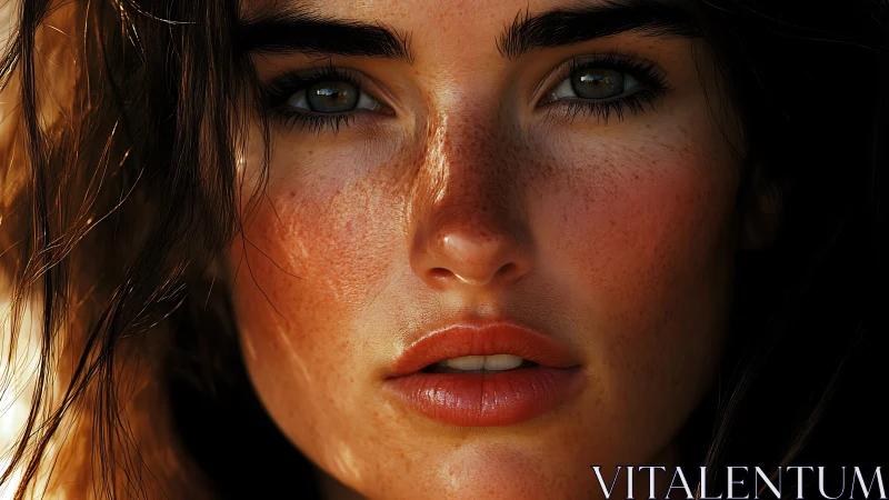 High-resolution freckled portrait with cinematic skin rendering.