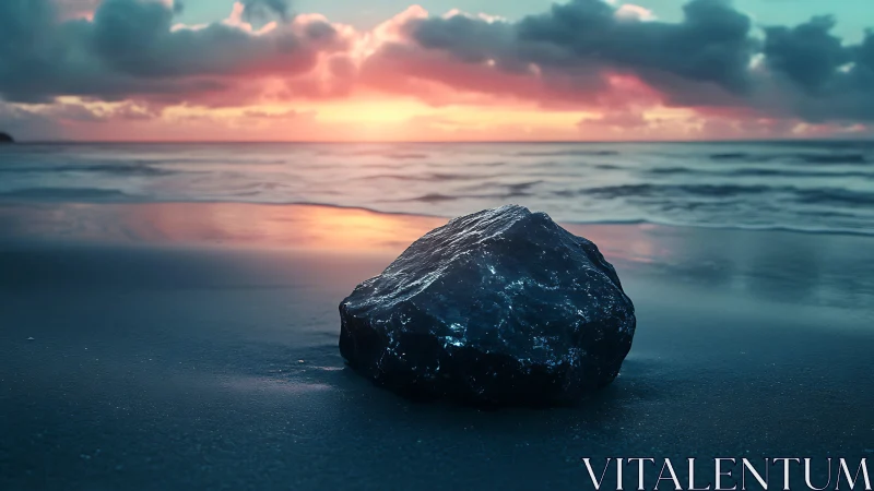 Dark shoreline rock against low sun over calm horizon.