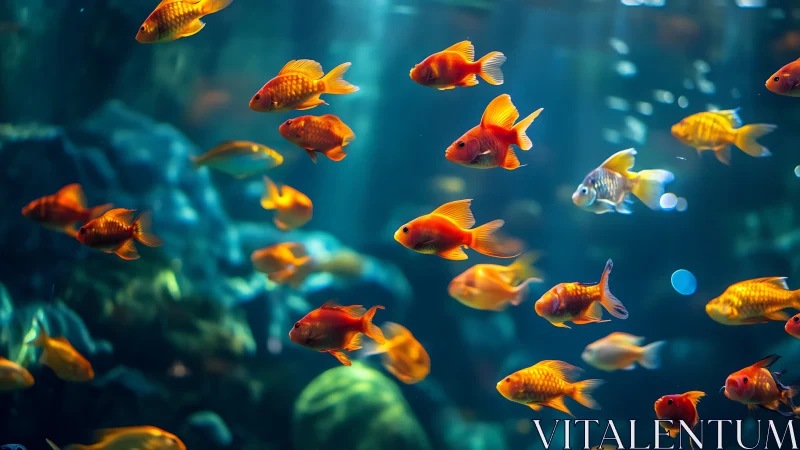 Golden fish drift gently through a calm, glowing blue world