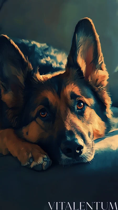 Gazing shepherd in painterly light on a soft cushion.